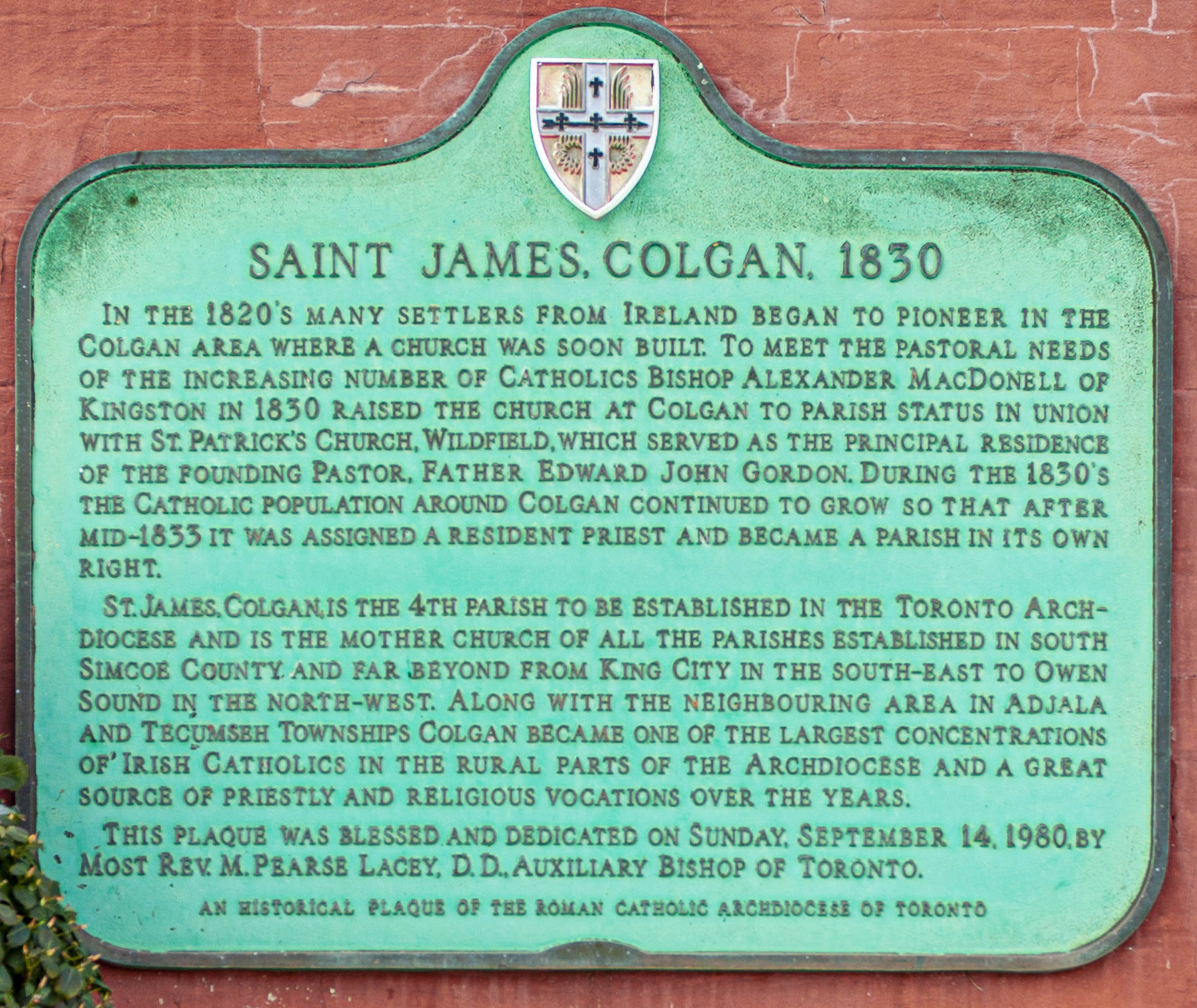Plaque on the wall of the history of St. James Colgan